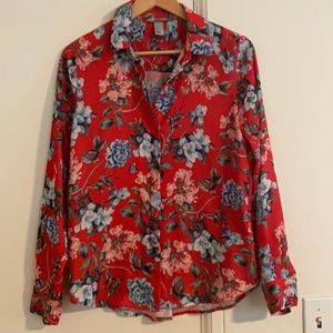 H&m red floral button down blouse